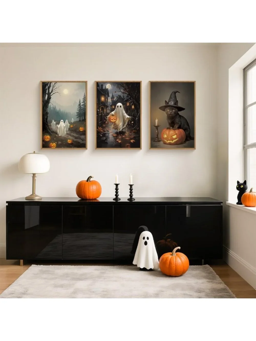 Spooky Halloween Ghost Pumpkin Canvas Art Set | Gothic Cat Witch Hat Decor